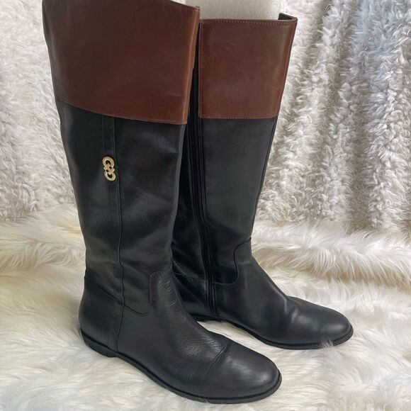 COLE HAAN Leather Black & Brown Riding Knee High Boots, SZ8.5B side zipper - Picture 1 of 11